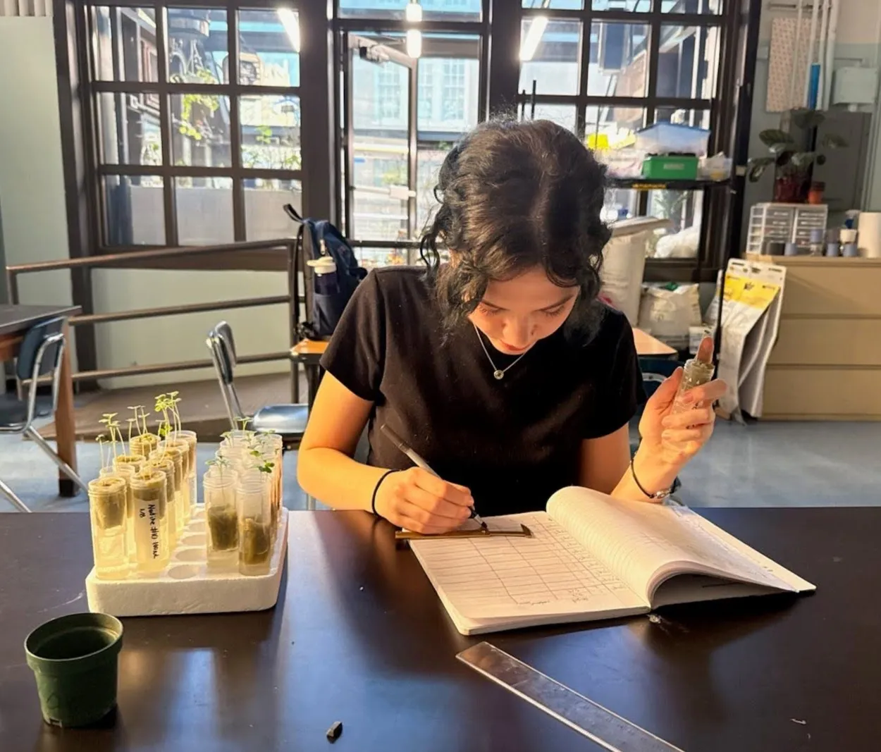 A student writing up observations in a lab notebook beside a rack of test tubes holding seedlings, in a science room with tall windows