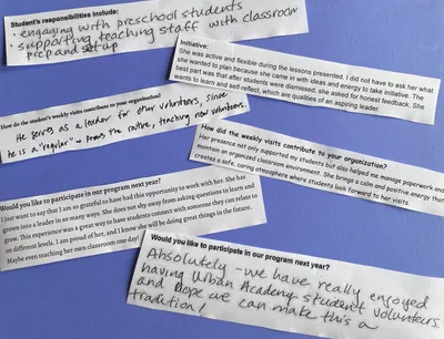 Cut-out excerpts from community service placement evaluations, in a mix of handwriting and print, in which supervisors describe an Urban Academy volunteer taking initiative, mentoring other volunteers and being welcomed back next year