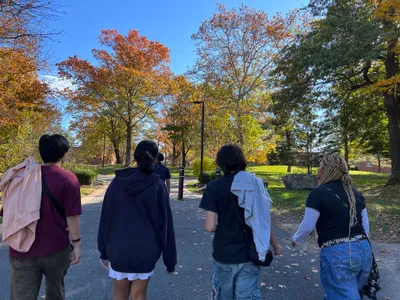 Four students walking away from the camera along a path across a college campus on a clear autumn day, with trees turning orange overhead