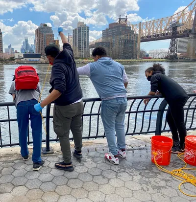 Four students leaning over a railing on the East River esplanade, lowering a sampling line into the water with orange buckets beside them and the Queensboro Bridge behind