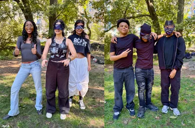 A pair of photographs of students standing in a park, several wearing blindfolds while classmates guide them during a trust exercise