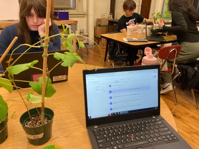 A student resting her chin on her hand beside a potted bean plant climbing a stake, with an open laptop showing a plant science course page in the foreground